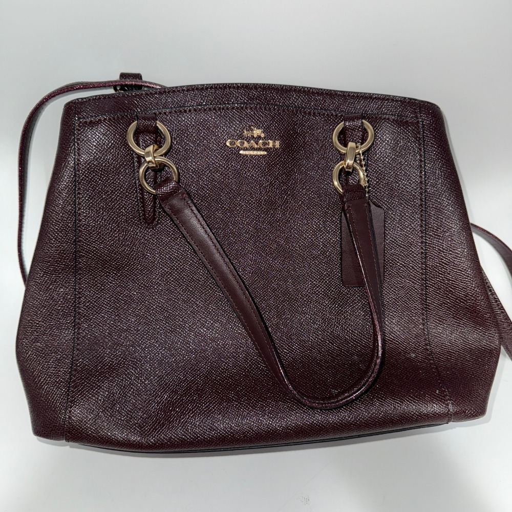 Coach Pebble Leather Burgundy/Purple Glitter Satchel Crossbody Handbag Silver